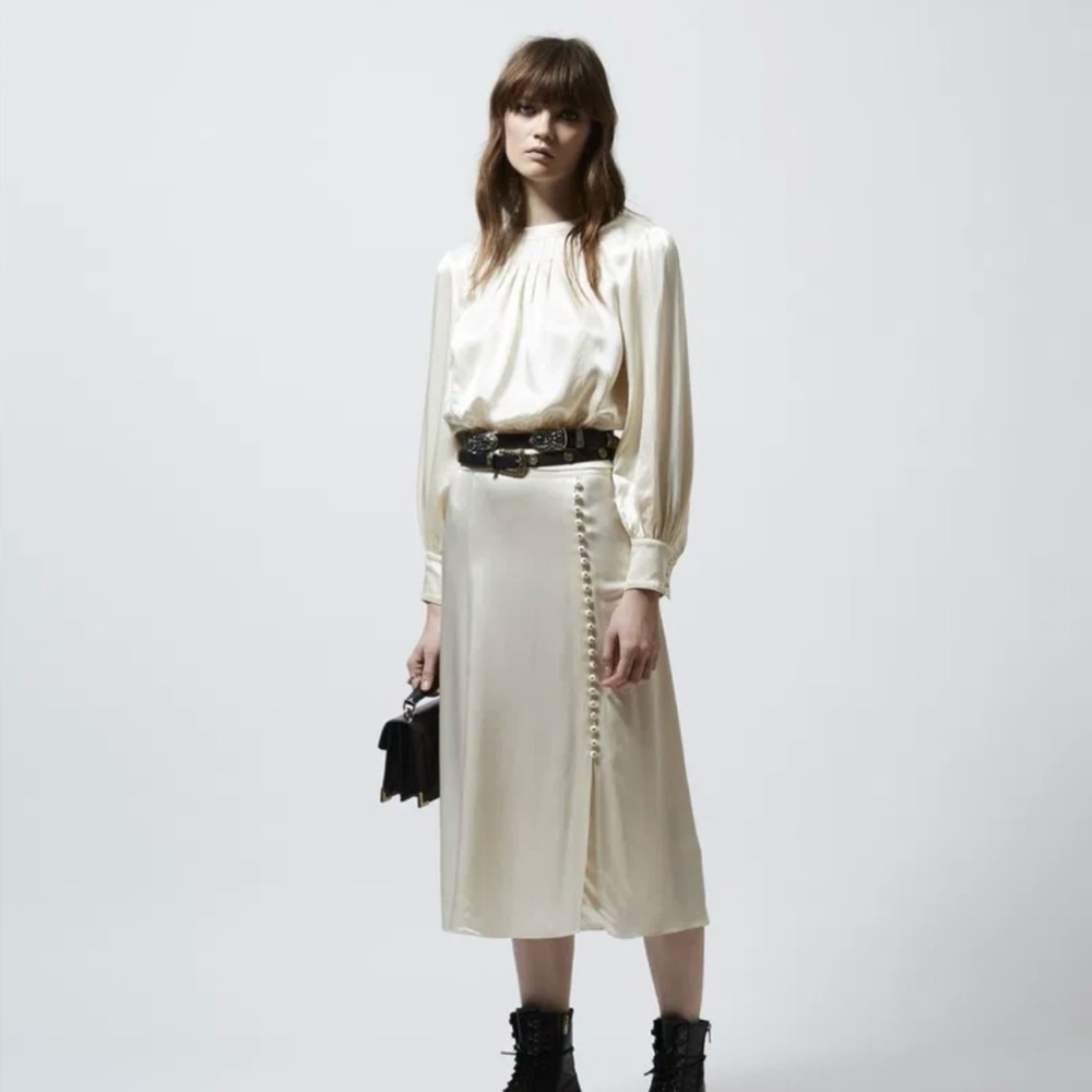 The Kooples Cream Button-Accent Satin Maxi Skirt. Size 6. NWT.